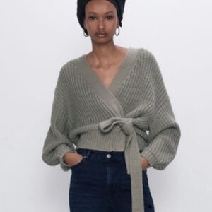 Zara  Knit Cardigan With Tie Zara Belted Cardigan Knit Wrap sage green small
